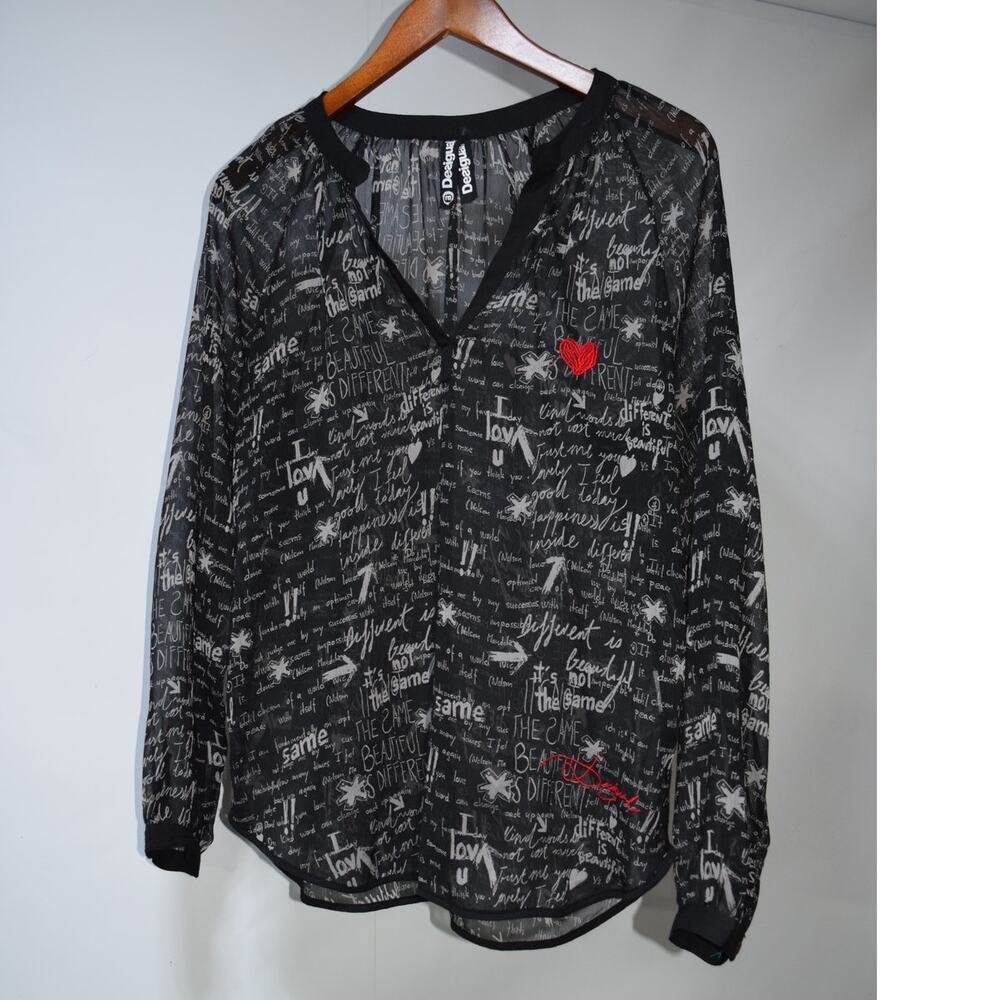 Desigual Black Sheer Graffiti Print Embroidered Heart Long Sleeve Blouse